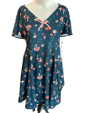 NWT Unique Vintage Teal Floral & Mushroom Dress with Pink Bow Accent 1X 16
